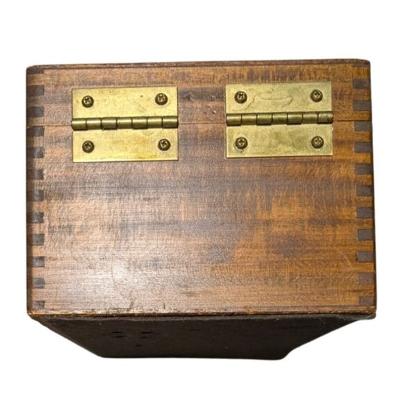 Wooden Dovetail Box Metal Blade Insert Hinged Lid Library card index oak vintage - Picture 5 of 16